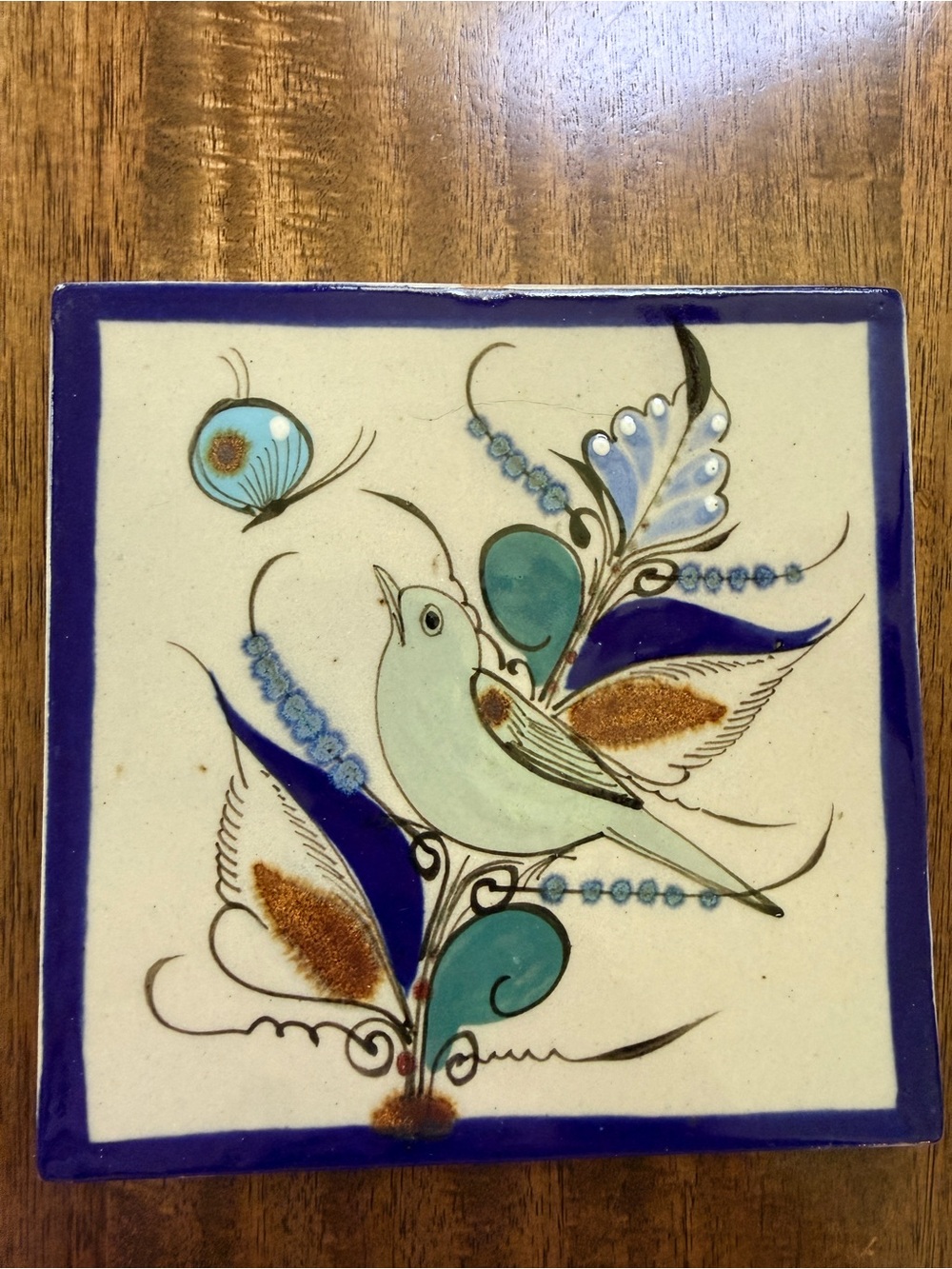 Ken Edwards Signed Pottery Tile 6 x 6 Bluebird Butterfly